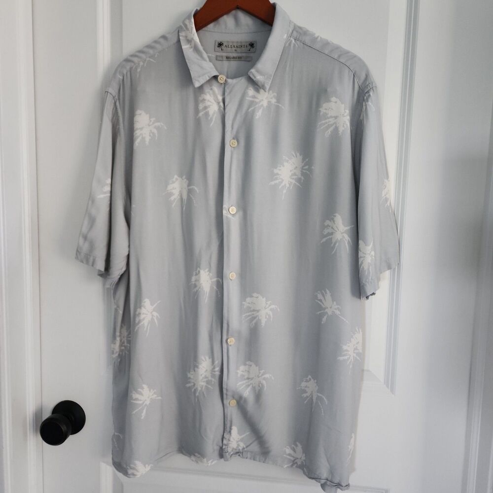ALL SAINTS Button Up Shirt Mens Size XL Gray Short Sleeve Frond Camp Vicose